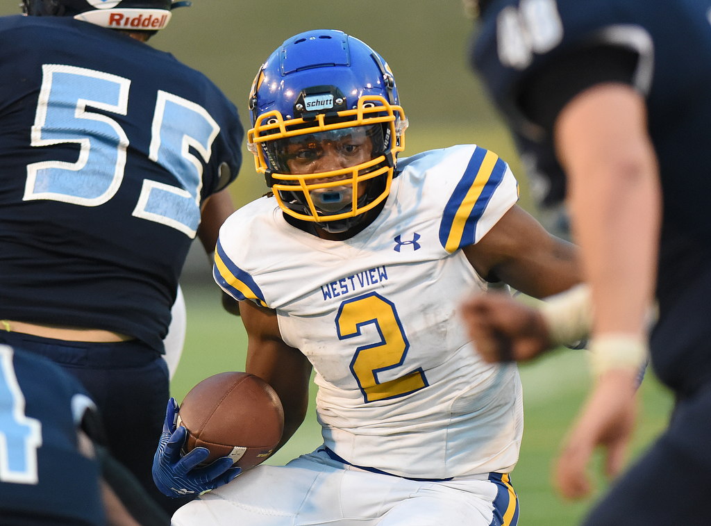 Staff Photo by Matt Hamilton / Westview High School (2) Javion Goins looks for open turf on Saturday, December 4, 2021 at Finley Stadium during the Class 2A championship game. Westview defeated Hampton 55-14 in the championship game.