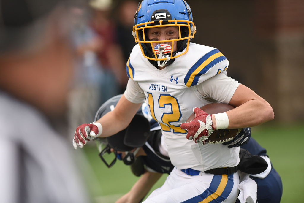 Staff Photo by Matt Hamilton / Westview High School (12) Garner Anderson looks back at the referee for the call as he scores a touchdown on Saturday, December 4, 2021 at Finley Stadium during the Class 2A championship game. Westview defeated Hampton 55-14 in the championship game.