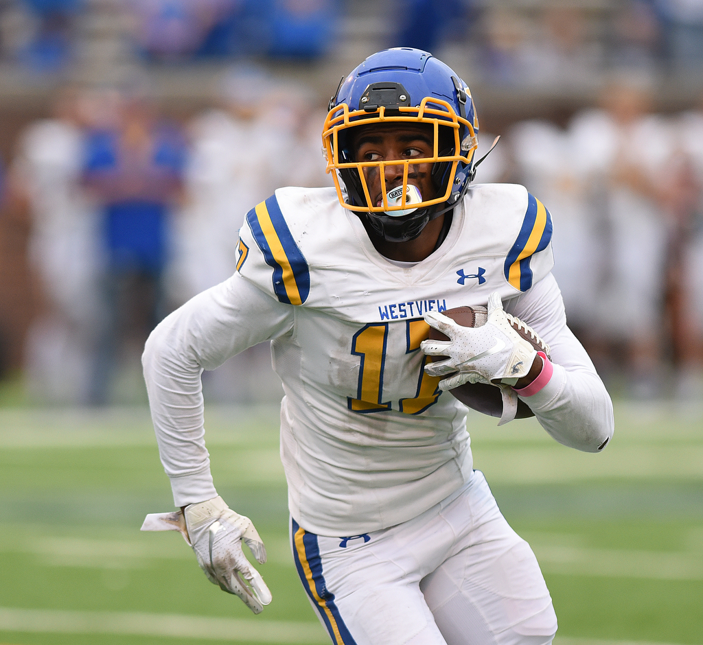 Staff Photo by Matt Hamilton / Westview High School (17) Quincy Hamilton sweeps into the end zone for the score on Saturday, December 4, 2021 at Finley Stadium during the Class 2A championship game. Westview defeated Hampton 55-14 in the championship game.