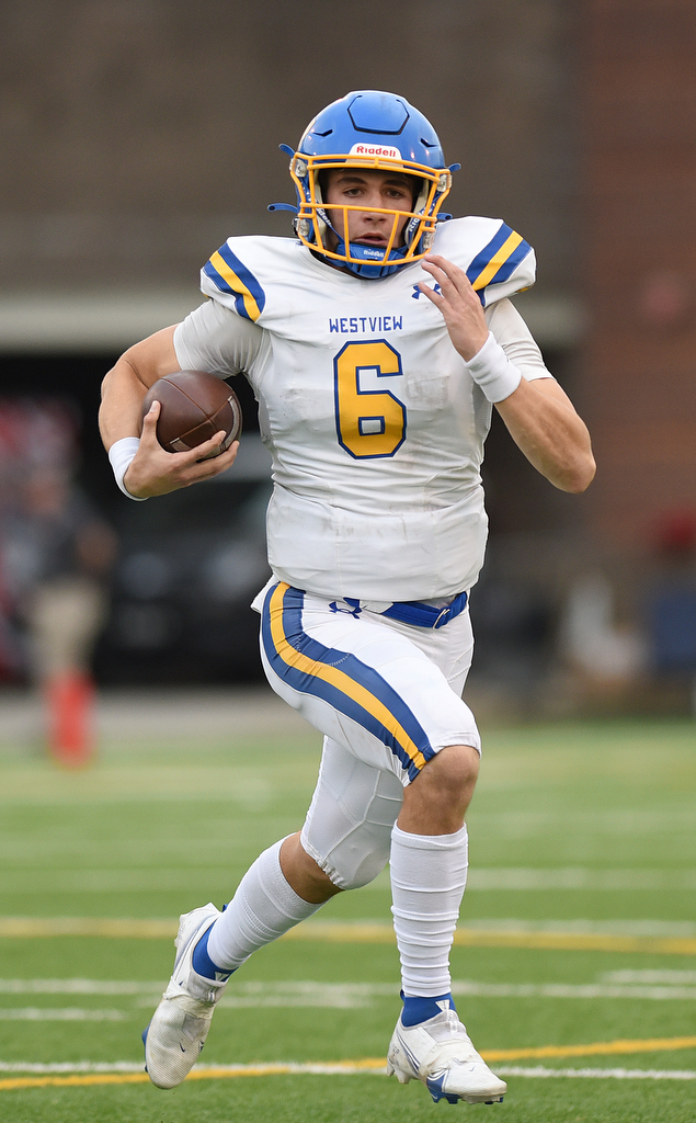 Staff Photo by Matt Hamilton / Westview High School (6) Ty Simpson carries the ball on Saturday, December 4, 2021 at Finley Stadium during the Class 2A championship game. Westview defeated Hampton 55-14 in the championship game.