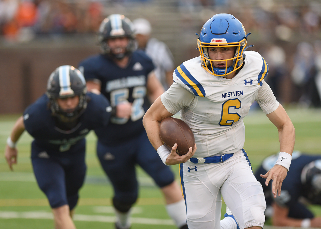 Staff photo by Matt Hamilton / Westview quarterback Ty Simpson breaks into the open during the Chargers' 55-14 win against Hampton in the TSSAA Class 2A BlueCross Bowl at Finley Stadium.
