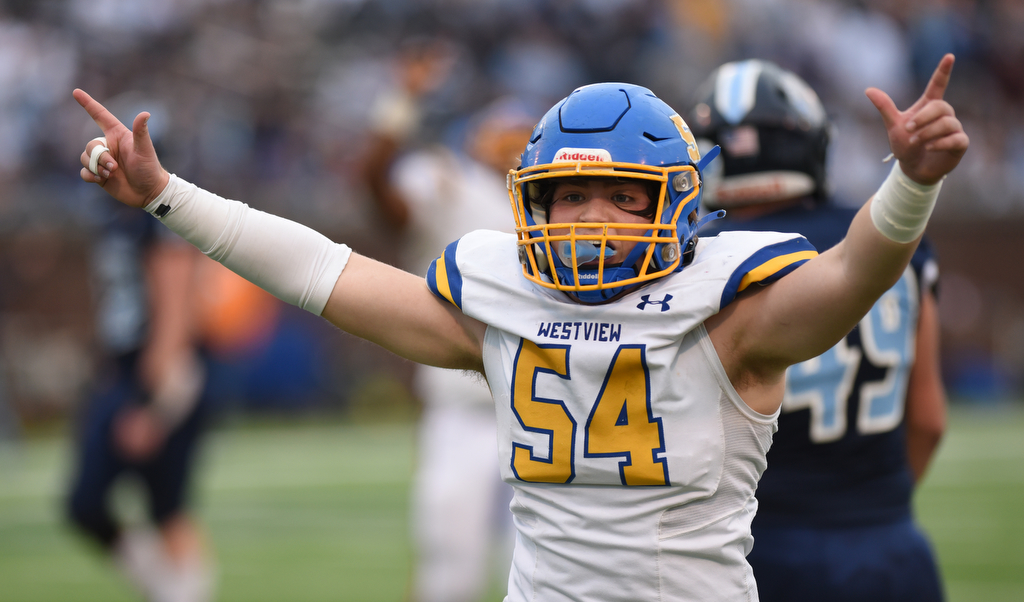 Staff Photo by Matt Hamilton / Westview High School (54) Clayton Stevens celebrates after a touchdown on Saturday, December 4, 2021 at Finley Stadium during the Class 2A championship game. Westview defeated Hampton 55-14 in the championship game.