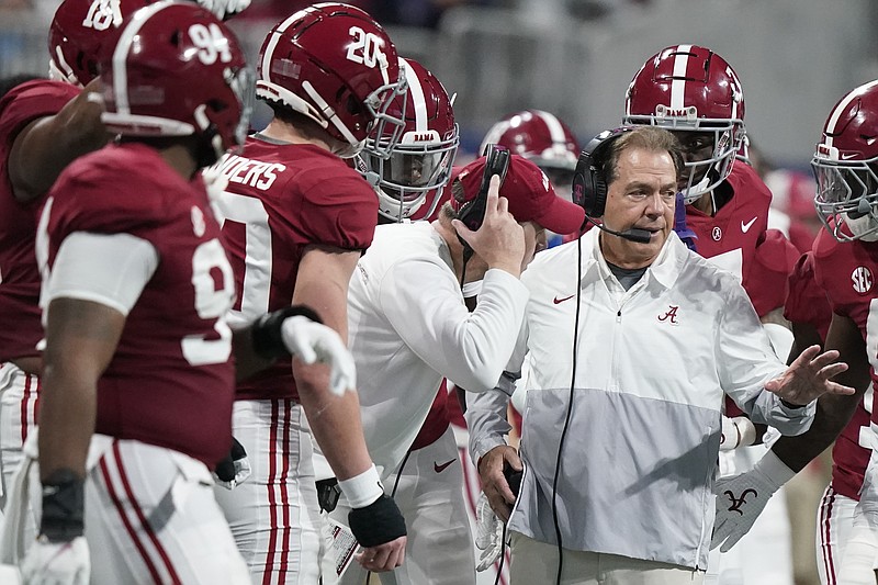 AP photo by Brynn Anderson / Alabama football coach Nick Saban talks to players during the first half of Saturday's SEC title game against Georgia at Mercedes-Benz Stadium in Atlanta.