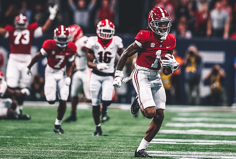 Crimson Tide photo / Alabama receiver Jameson Williams gets loose for his 67-yard touchdown reception early in the second quarter that helped turn a 10-0 deficit against Georgia into a 41-24 win Saturday at the Southeastern Conference championship game.