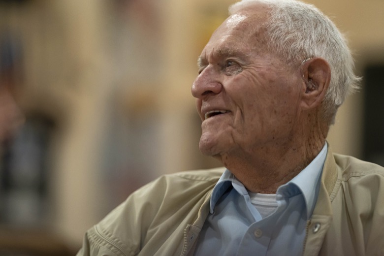Pearl Harbor survivor and World War II Navy veteran David Russell, 101, talks with fellow veterans while eating breakfast at the American Legion Post 10 on Monday, Nov. 22, 2021, in Albany, Ore. (AP Photo/Nathan Howard)