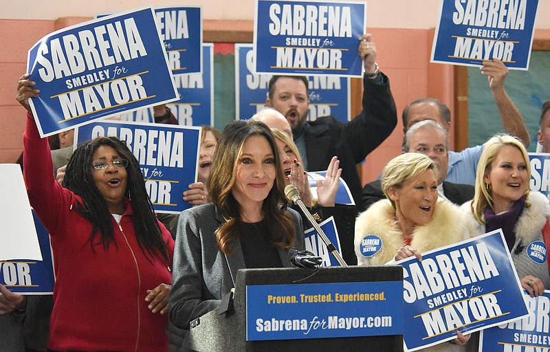 Staff Photo by Matt Hamilton /  Supporters cheer as commissioner Sabrena Smedley announces her intention to run for Hamilton County mayor on Thursday, December 9, 2021 at the former Garber Elementary School location. 