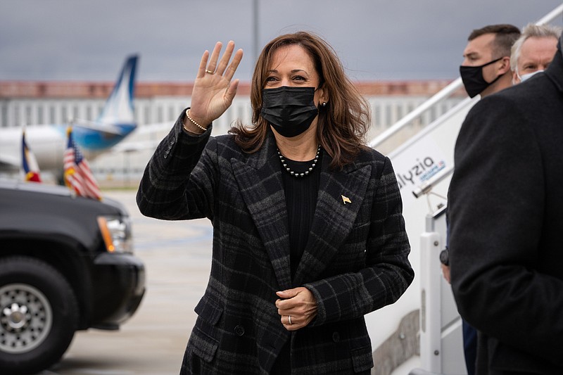 United States Vice President Kamala Harris waves to reporters before boarding Air Force Two, en route to Joint Base Andrews, at the Paris-Orly airport, in Orly, south of Paris, Saturday, Nov. 13, 2021. (Sarahbeth Maney/The New York Times)