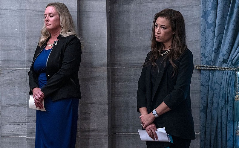 Department of Education Commissioner Penny Schwinn, pictured to the right of Health Commissioner Dr. Lisa Piercey, defends herself against questions about possible "Schwinnanigans." / Photo by John Partipilo/Tennessee Lookout