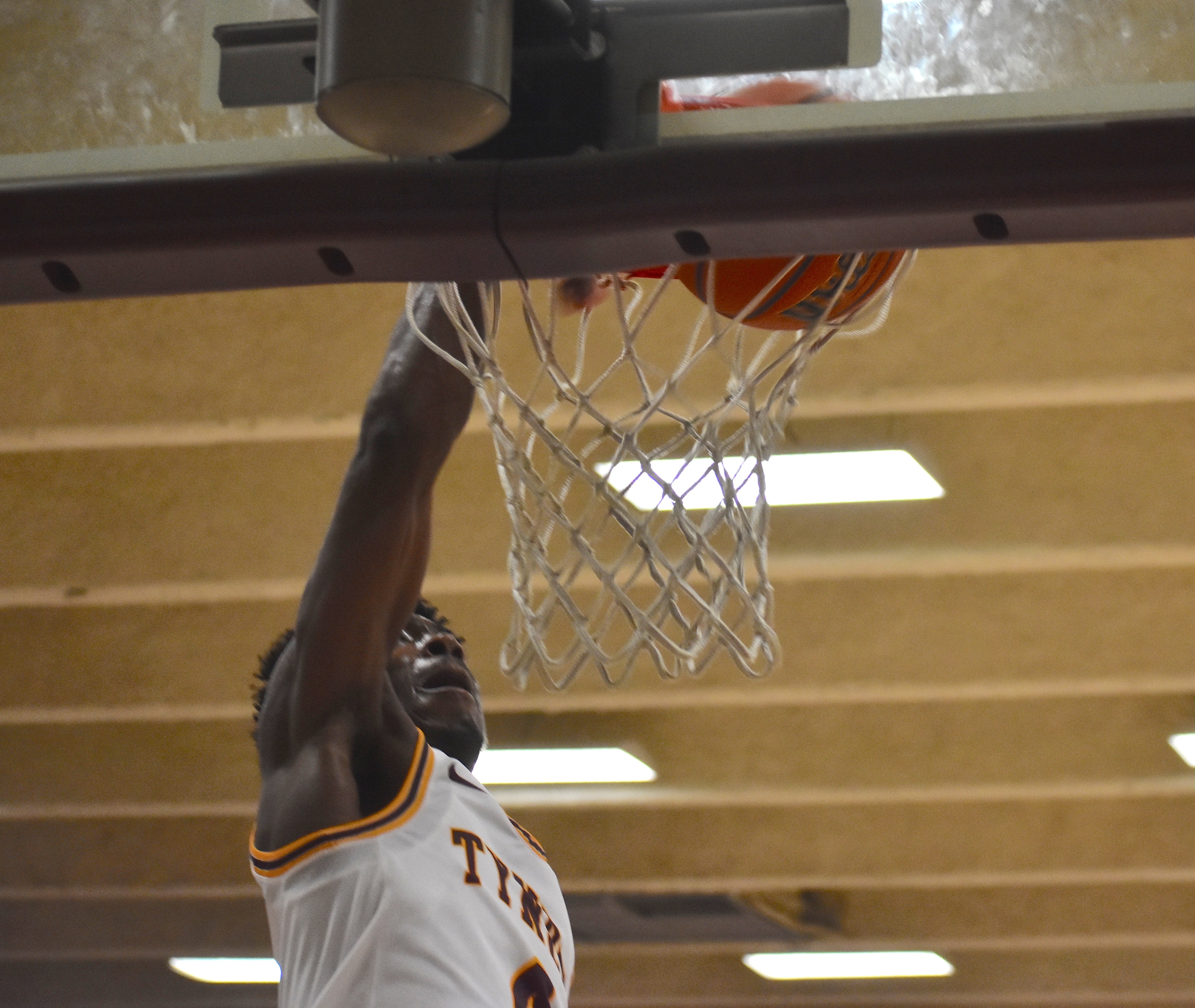 Staff photo by Patrick MacCoon / Tyner's Nehemiah Bloodsaw slam dunks the basketball in Friday's home win over Brainerd.
