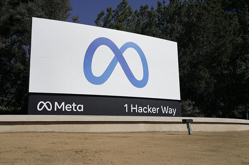 FILE - Facebook unveiled their new Meta sign at the company headquarters in Menlo Park, Calif., on, Oct. 28, 2021. (AP Photo/Tony Avelar, File)


