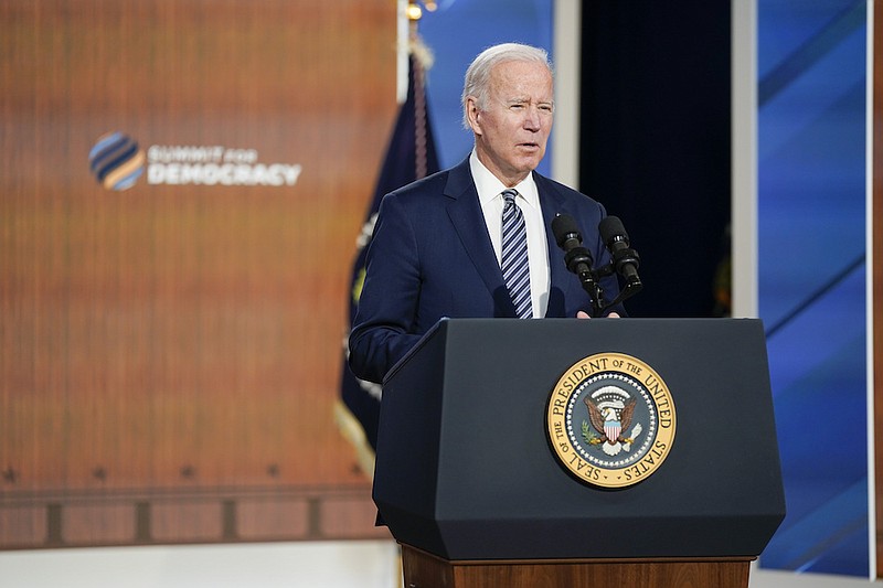 President Joe Biden delivers closing remarks to the virtual Summit for Democracy, in the South Court Auditorium on the White House campus, Friday, Dec. 10, 2021, in Washington. (AP Photo/Evan Vucci)