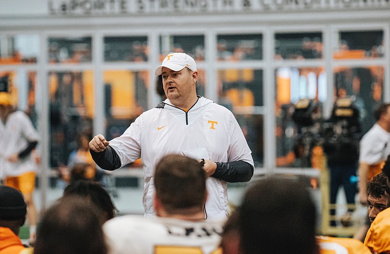 Tennessee Athletics photo / Tennessee first-year football coach Josh Heupel speaks to his players after Saturday's practice. The Volunteers finished their regular season with a 7-5 record and are turning their attention to the Music City Bowl against Purdue on Dec. 30.