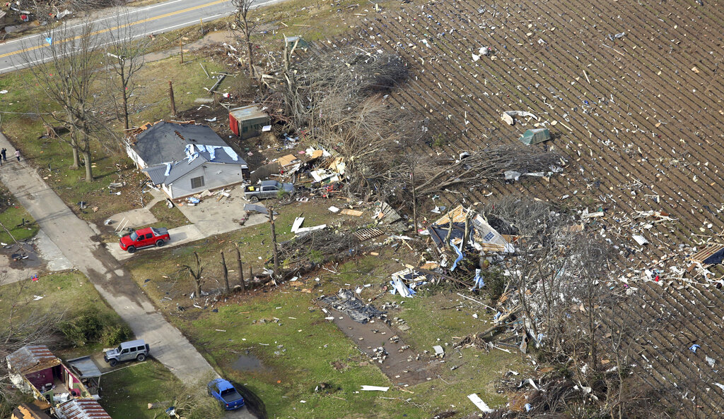 Damage to homes in the small town of Monette, in northeast Arkansas, caused by overnight severe weather can be seen in this aerial image Saturday, Dec. 11, 2021. (Colin Murphey/The Arkansas Democrat-Gazette via AP)