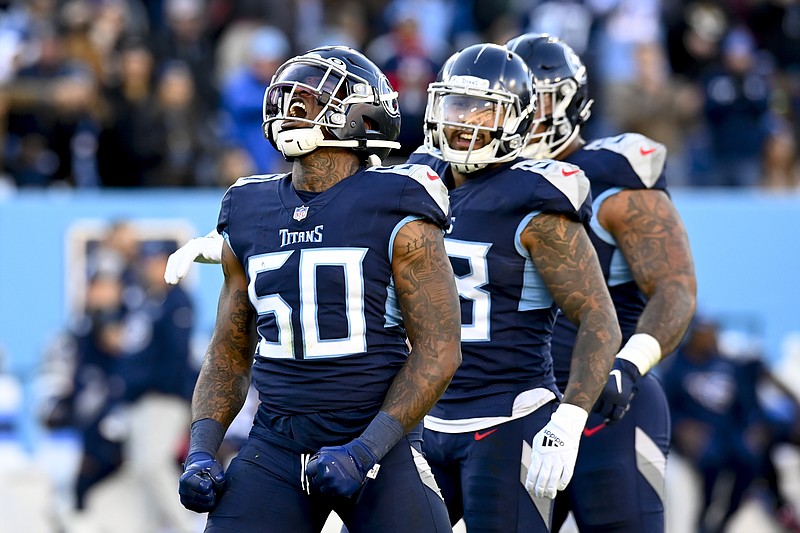 Tennessee Titans linebacker Derick Roberson (50) celebrates the sack on Jacksonville Jaguars quarterback Trevor Lawrence during the second half of an NFL football game, Sunday, Dec. 12, 2021, in Nashville, Tenn. (AP Photo/Mark Zaleski)