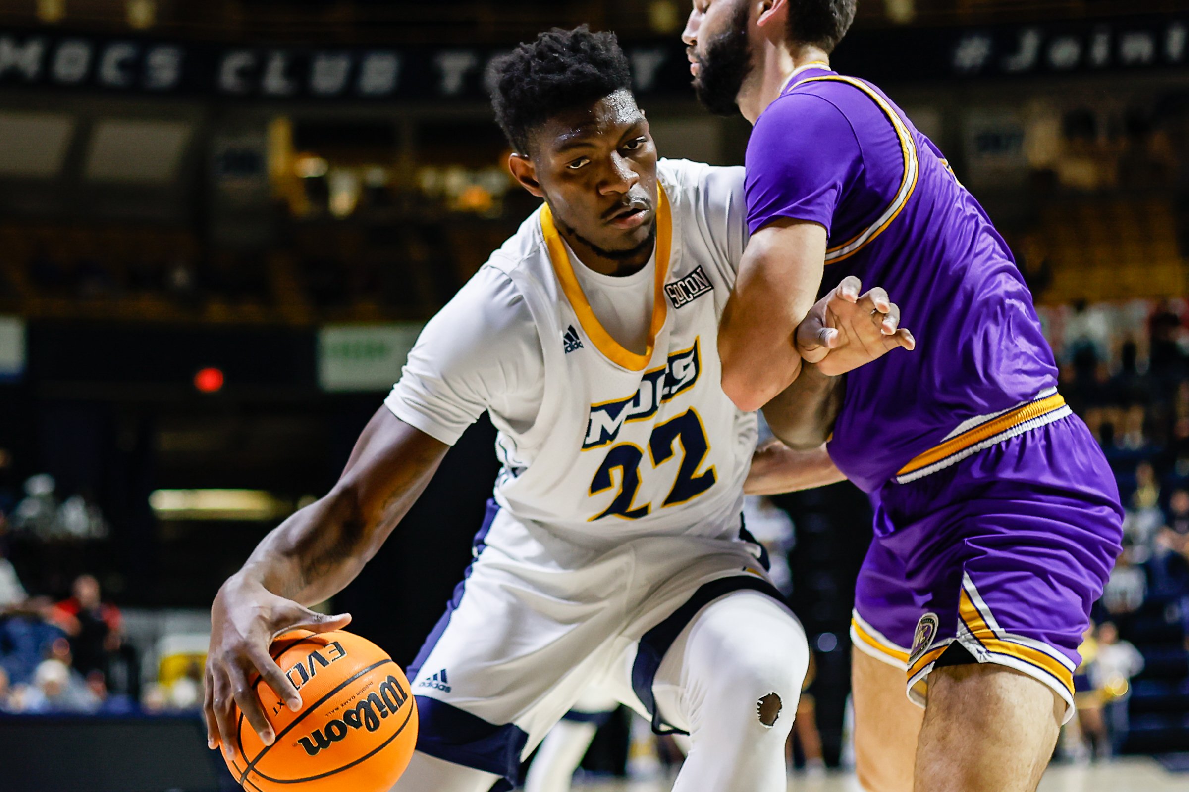 Staff photo by Troy Stolt / Mocs forward Silvio De Sousa (22) drives to the basket during UTC's home basketball game against the Tennessee Tech Golden Eagles at McKenzie Arena on Tuesday, Nov. 16, 2021 in Chattanooga, Tenn.