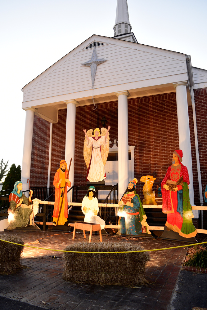 Staff Photo by Robin Rudd / A nativity scene populates the steps of First Southern Baptist Church on Tuesday on Main Street in Pikeville, Tenn. Pushed through by the vision of resident and business owner Lola Sells and the help of many others, downtown Pikeville has been transformed this year with the goal of having Christmas decorations (preferably lights) on every home and business on the main street through downtown. Sells said her goal is to make it look like a Hallmark town that people would want to come visit and spend money in.