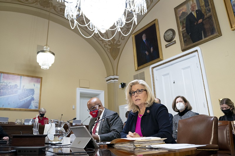 Photo by Stefani Reynolds of The New York Times / Rep. Liz Cheney, R-Wyo., speaks during a House Rules Committee hearing at the Capitol in Washington on Tuesday, Dec. 14, 2021, about the Jan. 6 committee recommendation to charge Mark Meadows with criminal contempt of Congress for defying its subpoena. Rep. Bennie Thompson, D-Miss., head of the Jan. 6 committee, is at left.