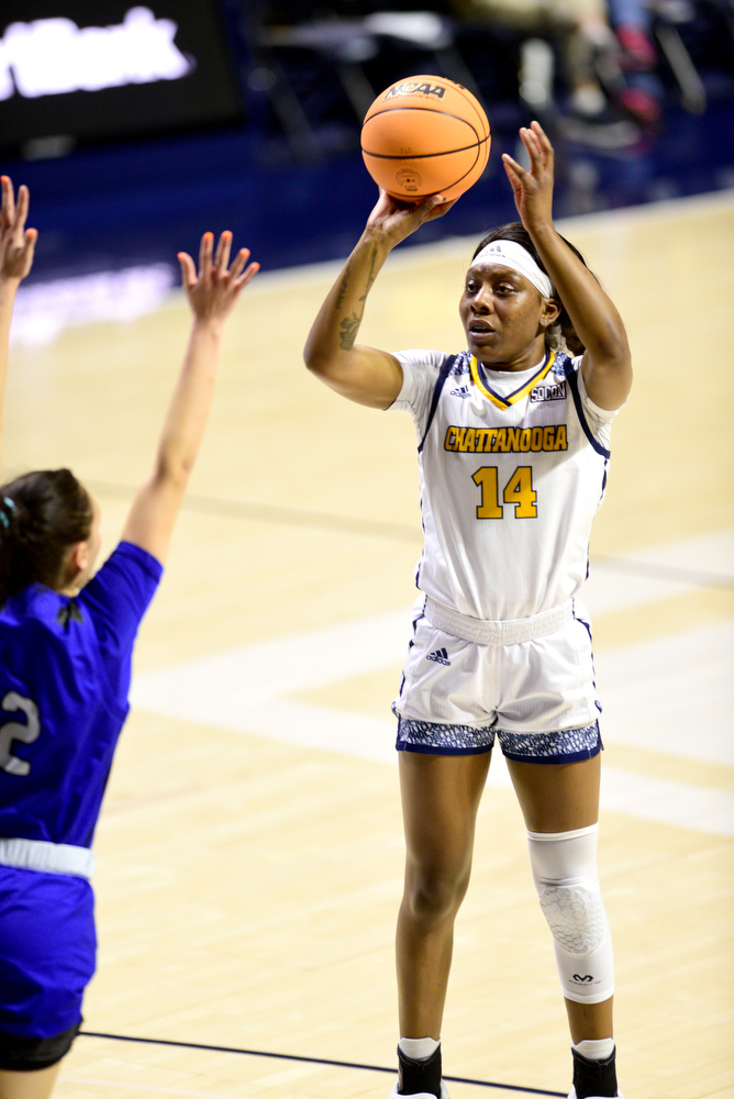 Staff Photo by Robin Rudd / UTC's Amaria Pugh (14) sinks a jump shot. The University of Tennessee at Chattanooga Mocs hosted the University of Asheville in NCAA women's basketball at McKenzie Arena on December 20, 2021.