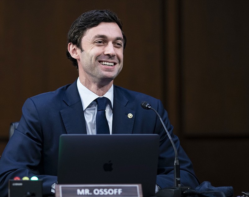 Sen. Jon Ossoff, D-Ga., speaks before the Senate Judiciary Committee, Feb. 22, 2021 on Capitol Hill in Washington. The Georgia senator is welcoming his first child. Sen. Ossoff said on social media Monday, Dec. 20, 2021 that his wife, Dr. Alisha Kramer, gave birth Friday to a daughter, Eva Beth Ossoff. (Al Drago/Pool via AP)