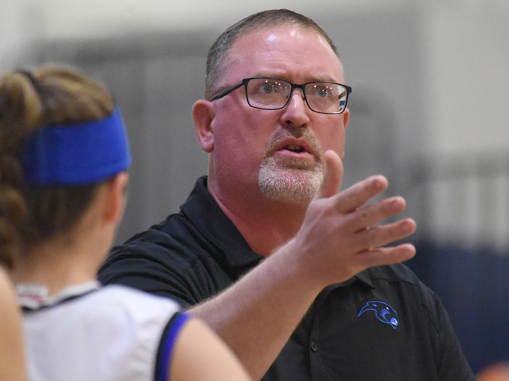 Staff Photo by Matt Hamilton / Sale Creek coach Cliff Morgan talks to his team during a timeout on Tuesday, December 21, 2021 during the championship game of the Sale Creek Christmas basketball tournament. Soddy Daisy went on to win 56-43.