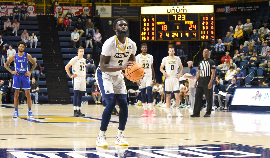 Staff Photo by Matt Hamilton / UTC (3) David Jean-Baptiste shoots a free throw on a technical foul on Wednesday, December 22, 2021 at McKenzie Arena.