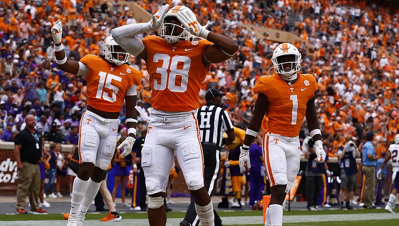 Tennessee Athletics photo / Tennessee linebacker Solon Page, shown here celebrating his 31-yard interception return for a touchdown against Tennessee Tech, is a 2017 signee who will be using a sixth season of eligibility in 2022.