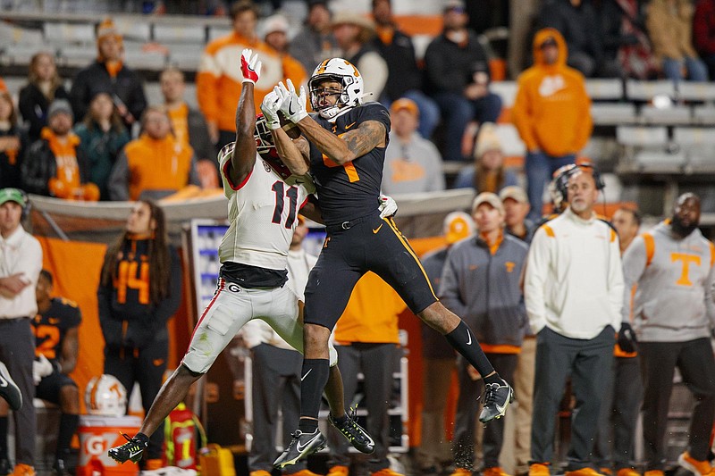 Tennessee Athletics photo / Tennessee redshirt junior receiver Cedric Tillman, shown here during his 200-yard performance in last month's loss to Georgia, announced Thursday that he is returning to the Volunteers in 2022.