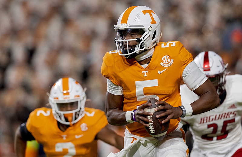 Tennessee Athletics photo by Andrew Ferguson / With the return of quarterback Hendon Hooker (5) and running back Jabari Small (2), the Tennessee Volunteers could be even more effective offensively in the second season under coach Josh Heupel in 2022.