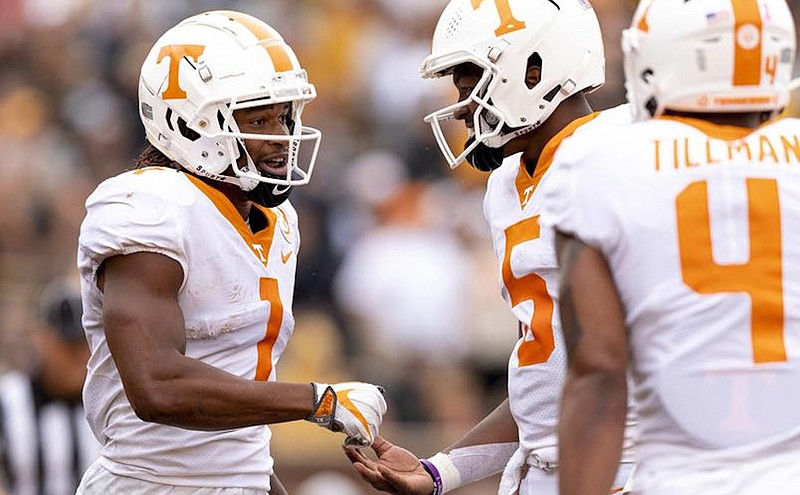 Tennessee Athletics photo / Tennessee receiver Velus Jones (1), quarterback Hendon Hooker (5) and receiver Cedric Tillman (4) would like to experience a few more celebrations during Thursday afternoon's Music City Bowl against Purdue. Despite the game being in Nashville, the Volunteers will be the visiting team and will wear all white.