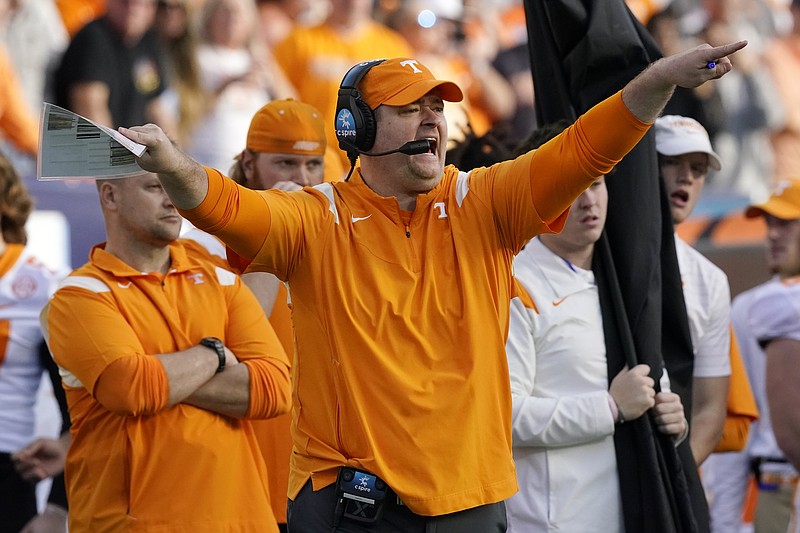 AP photo by Mark Humphrey / Tennessee football coach Josh Heupel yells to his players during the first half of Thursday's Music City Bowl against Purdue at Nissan Stadium in Nashville.