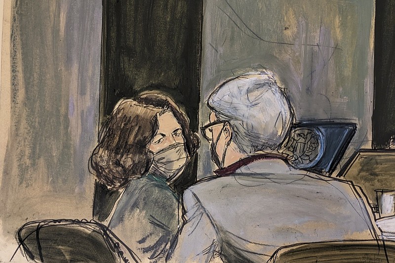 This courtroom sketch shows Ghislaine Maxwell, left, conferring with her defense attorney Bobbi Sternheim before the start of her sex abuse trial, Thursday Dec. 9, 2021, in New York. (AP Photo/Elizabeth Williams)


