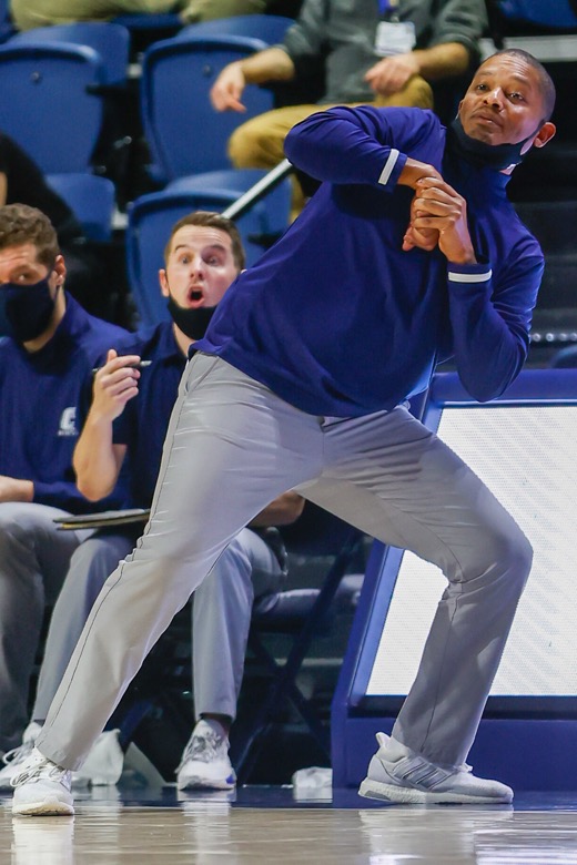 Staff photo by Troy Stolt / UTC Mocs head basketball coach Lamont Paris reacts to a play during the basketball game between UTC and East Tennessee State at Mckenzie Arena on Thursday, Dec. 30, 2021 in Chattanooga, Tenn.