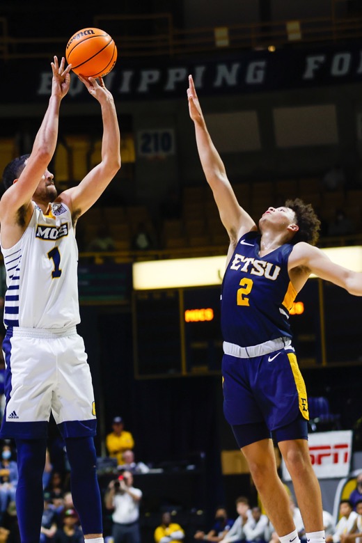 Staff photo by Troy Stolt / UTC Mocs forward KC Hankton (1) shoots the ball during the basketball game between UTC and East Tennessee State at Mckenzie Arena on Thursday, Dec. 30, 2021 in Chattanooga, Tenn.