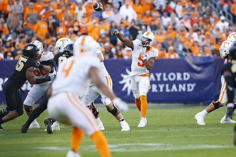 Tennessee Athletics photo / Tennessee quarterback Hendon Hooker threw five touchdown passes during Thursday's Music City Bowl against Purdue, but it wasn't enough in a 48-45 overtime loss.