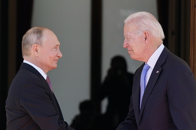 FILE - President Joe Biden and Russian President Vladimir Putin, arrive to meet at the 'Villa la Grange', June 16, 2021, in Geneva, Switzerland. (AP Photo/Patrick Semansky, File)


