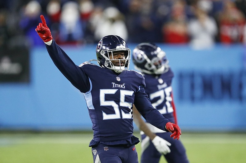 Tennessee Titans inside linebacker Jayon Brown (55) celebrates after the Titans beat the San Francisco 49ers in an NFL football game Thursday, Dec. 23, 2021, in Nashville, Tenn. (AP Photo/Wade Payne)