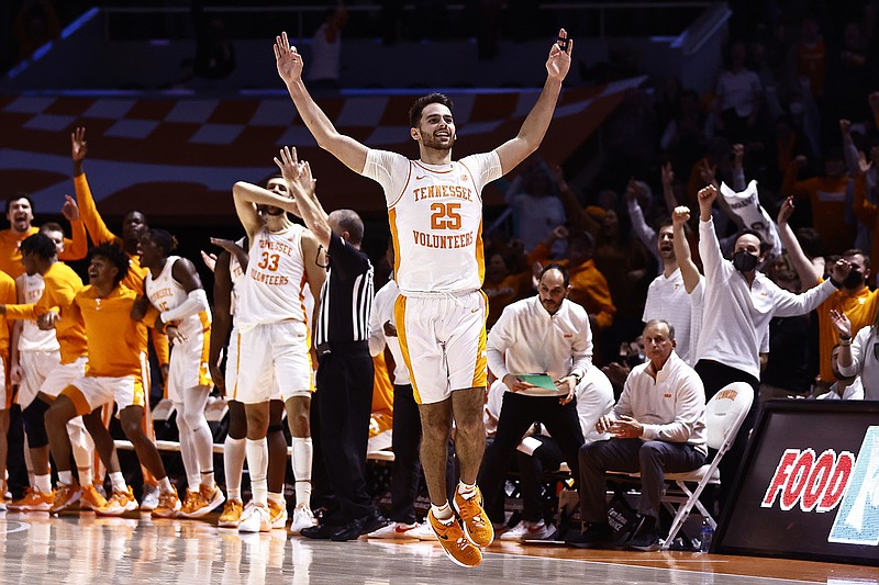 AP photo by Wade Payne / Tennessee guard Santiago Vescovi (25) celebrates after making a go-ahead 3-pointer against Ole Miss on Wednesday night in Knoxville.