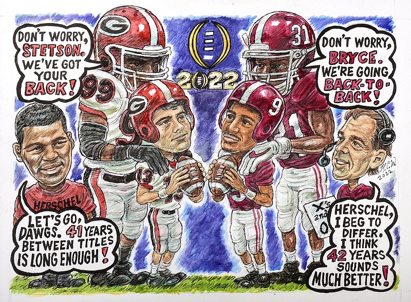 Staff drawing by Mark Wiedmer / No. 1 Alabama (13-1) and No. 3 Georgia (13-1) will meet at 8 p.m Monday in Indianapolis in the College Football Playoff's national championship game. ESPN will televise the matchup, with Alabama seeking its seventh national title in coach Nick Saban's 15 seasons leading the program and Georgia trying to end a 41-year championship drought. 