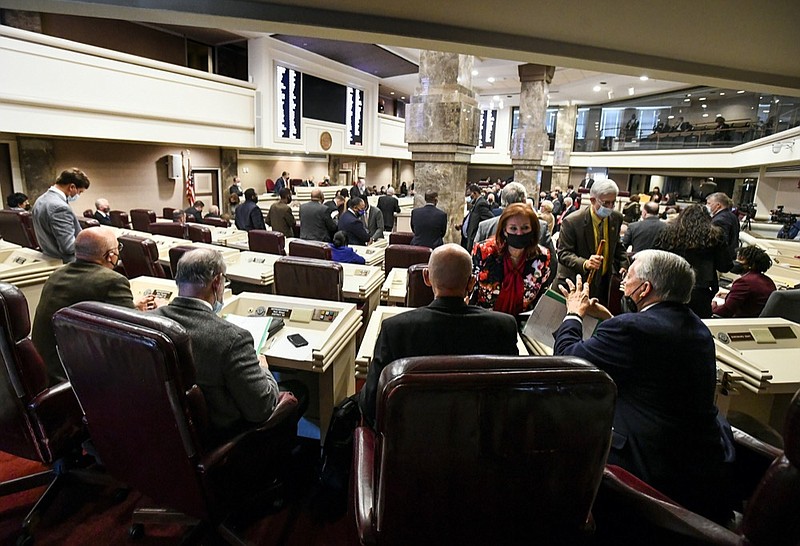 An overview of the opening of the legislative session in the House chamber at the Alabama Statehouse in Montgomery, Ala., Tuesday, Jan. 11, 2022. (Mickey Welsh/The Montgomery Advertiser via AP)


