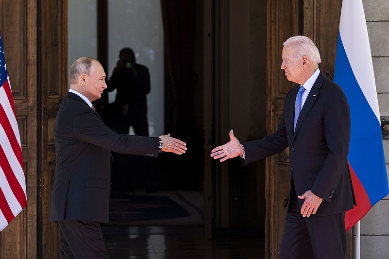 Photo by Doug Mills of The New York Times / President Joe Biden greets President Vladimir Putin of Russia as they arrive for a meeting in Geneva on June 16, 2021. To the Biden administration, the negotiations that began in earnest on Monday, Jan. 10, 2022, in Geneva are about defusing the chances of a major war in Europe — potentially ignited by a Russian invasion of Ukraine — and upholding the principle that nations do not rewrite their borders by force.