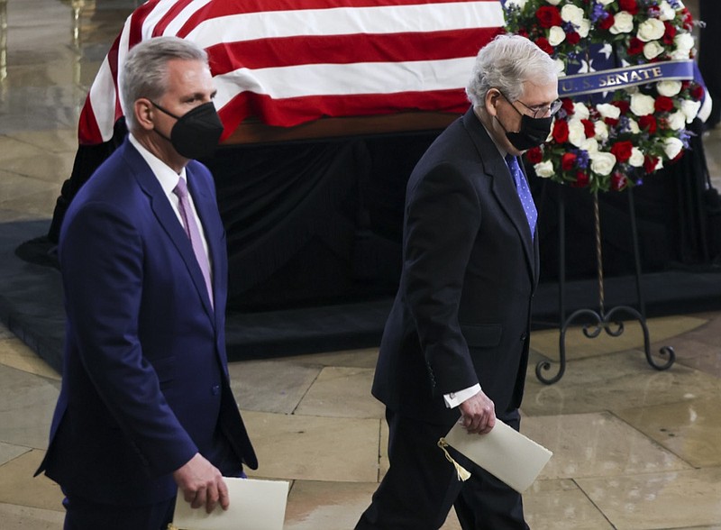 House Minority Leader Kevin McCarthy of Calif. and Senate Minority Leader Mitch McConnell of Ky., right, pay their respects to former Senate Majority Leader Harry Reid, D-Nev., during a memorial service in the Rotunda of the U.S. Capitol as Reid lies in state, Wednesday, Jan. 12, 2022, in Washington. (Evelyn Hockstein/Pool via AP)


