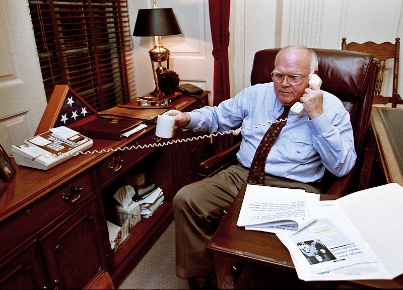 AP File Photo/Mark Humphrey / Then-Gov. Ned McWherter, who was one of the state's most powerful Democrats before seeking the state's top job, works in his office in Nashville in 1993.