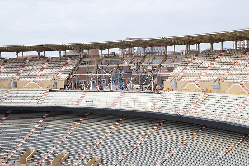 Tennessee Athletics photo by Emma Corona / The University of Tennessee released images Friday of construction going on inside Neyland Stadium, which includes the progress for a jumbotron above the north end zone shown here. Neyland is also undergoing West Sideline Club renovations.