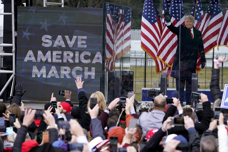 FILE - President Donald Trump arrives to speak at a rally in Washington on Jan. 6, 2021. On Monday, Jan. 10, 2022, attorneys for former President Trump and his associates argued in court that incendiary statements by Trump and others last Jan. 6 prior to the Capitol riot were protected speech and in line with their official duties. (AP Photo/Jacquelyn Martin, File)