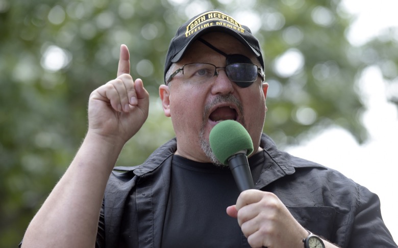 FILE - In this Sunday, June 25, 2017 file photo, Stewart Rhodes, founder of the Oath Keepers, speaks during a rally outside the White House in Washington. Rhodes has been arrested and charged with seditious conspiracy in the Jan. 6 attack on the U.S. Capitol. The Justice Department announced the charges against Rhodes on Thursday. (AP Photo/Susan Walsh, File)
