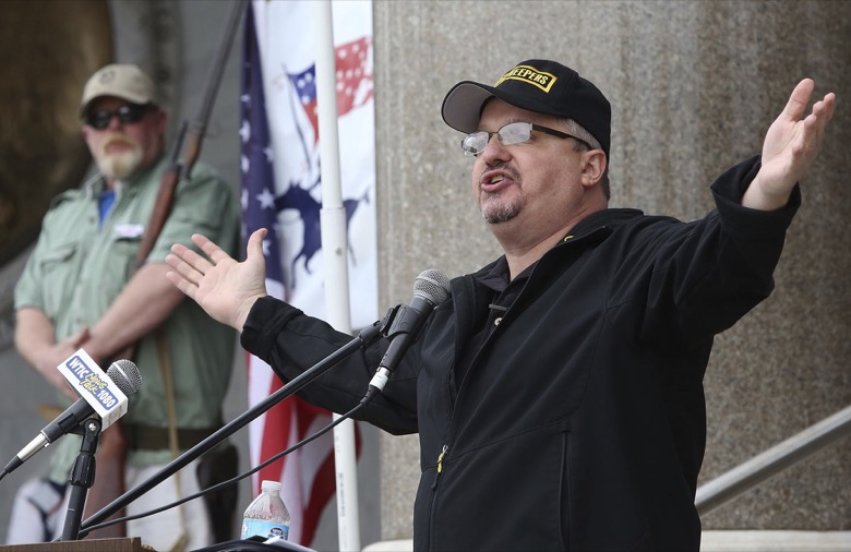Stewart Rhodes, founder of Oath Keepers, speaks during a gun rights rally at the Connecticut State Capitol in Hartford, Conn., Saturday April 20, 2013. Rhodes has been arrested and charged with seditious conspiracy in the Jan. 6 attack on the U.S. Capitol. The Justice Department announced the charges against Rhodes on Thursday. (AP Photo/Journal Inquirer, Jared Ramsdell, File)