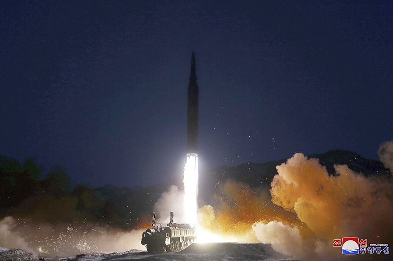 FILE - This photo provided by the North Korean government shows what it says a test launch of a hypersonic missile on Jan. 11, 2022 in North Korea. Independent journalists were not given access to cover the event depicted in this image distributed by the North Korean government. The content of this image is as provided and cannot be independently verified. Korean language watermark on image as provided by source reads: "KCNA" which is the abbreviation for Korean Central News Agency. (Korean Central News Agency/Korea News Service via AP, File)


