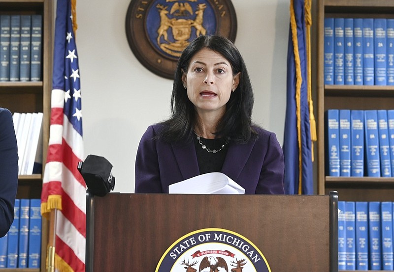 FILE - Attorney General Dana Nessel announces charges for several security guards from Northland Mall in the 2014 death of McKenzie Cochran during a news conference in Detroit on Thursday, Oct. 14, 2021. (Max Ortiz/Detroit News via AP)


