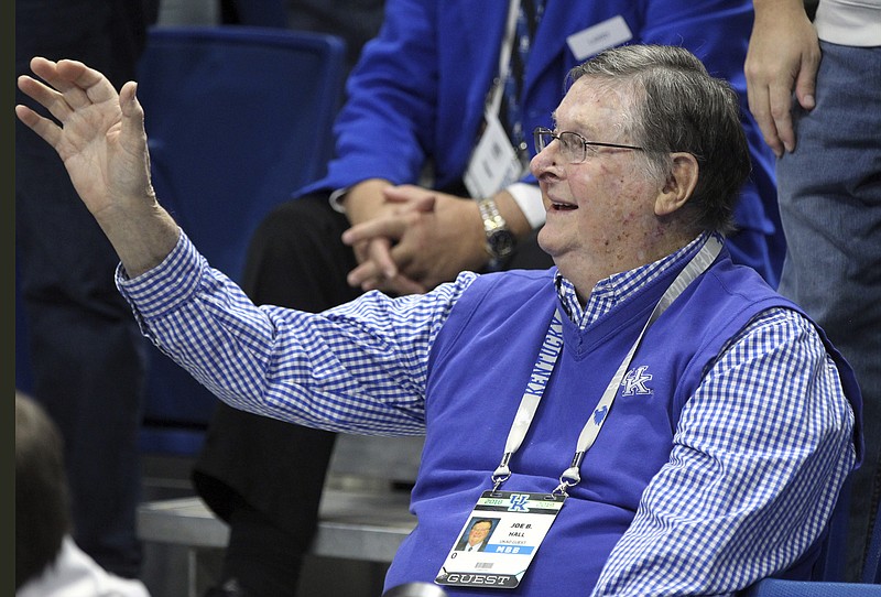 AP photo by James Crisp / Former University of Kentucky men's basketball coach Joe B. Hall waves to the crowd during a home game against the University of Alabama at Birmingham on Nov. 29, 2019.