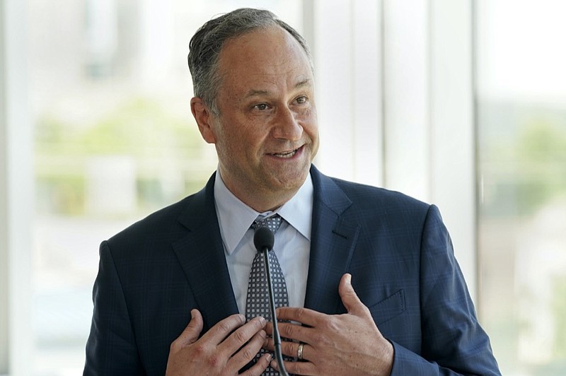 FILE - In this April 30, 2021 file photo, Doug Emhoff, husband of Vice President Kamala Harris, speaks at Union Station in Raleigh, N.C. (AP Photo/Gerry Broome, Pool, File)


